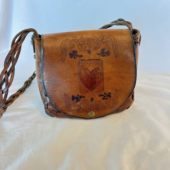Rare Retro / Boho Rustic Hand Tooled 1970’s Heart & Floral Design Hippie Bag - Picture 2 of 10